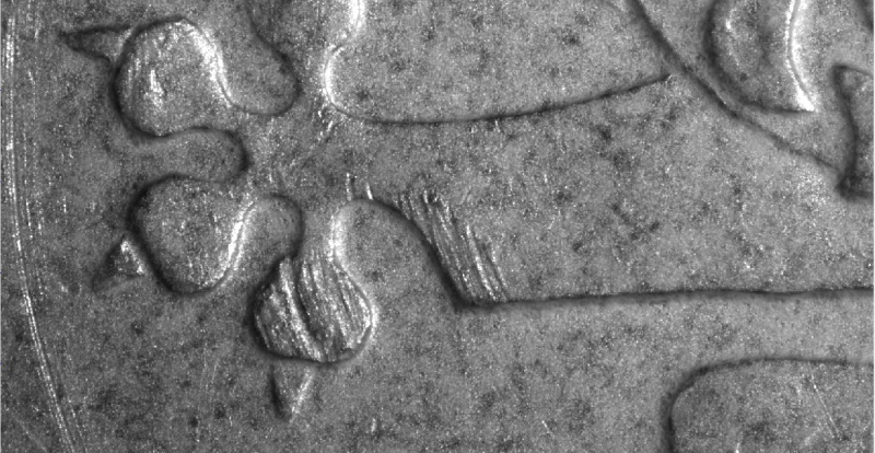 Gel-Messschicht auf Münze, Detail Realbild (Bildausschnitt 4,5 mm x 2,5 mm)